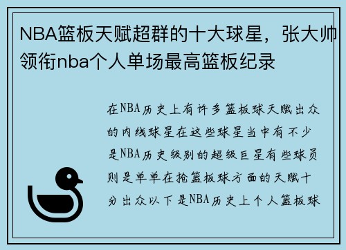 NBA篮板天赋超群的十大球星，张大帅领衔nba个人单场最高篮板纪录